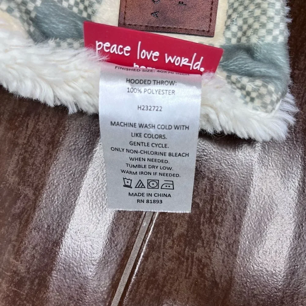 Peace Love World baby blue/Ivory  plaid hooded throw 40X70